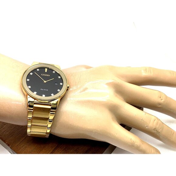 Citizen Men's Watch AU1062-56G Eco Drive Diamond Accent Black Dial Gold Steel - Picture 4 of 13